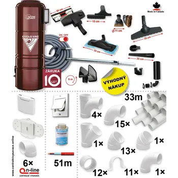 Vysavač Centrální vysavač Cyclovac H2025 (750 AW) + Sada příslušenství PREMIUM s hadicí 9,1 m (11 ks), Instalační sada potrubí: 33 m - 6x zásuvka. Záruka 10 let. (Centrální vysavač Cyclovac H2025 + Sada příslušenství pro centrální vysávání PREMIUM s hadicí 9,1 m)