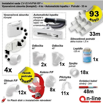 Vysavač Instalační komplet centrálního vysávání - zásuvka (4 ks), podlahová štěrbina (1 ks), řezák potrubí(1 ks), potrubí (33 m), potrubní díly (93 dílů). (Cenově zvýhodněný instalační balíček potrubních rozvodů centrálního vysávání obsahuje: Zásuvka (4 ks),)