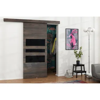 Interiérové dveře Posuvné dveře Mereno I 80, Barva: jasan tmavý + jasan tmavý + černý lacobel MIRJAN 5903211098628