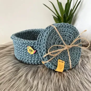 Háčkovaná sada košíčku a 4ks prostírání pod hrnečky - šedivo-modrá- ruční výroba