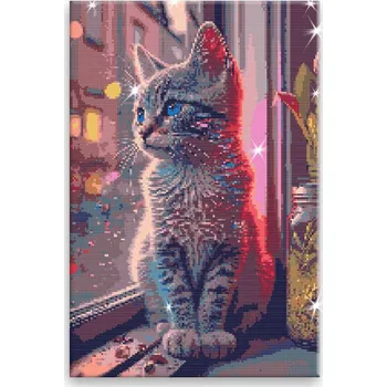 Diamantové malování Diamantové malování - Kočka na okně - 40x60 cm, bez dřevěného rámu - CZ výroba