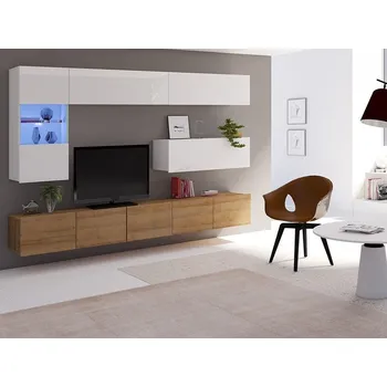 Nábytek Obývací stěna Bralani IV, Barva: dub zlatý / bílá + bílý lesk, Osvětlení: bez osvětlení MIRJAN 5902928225570