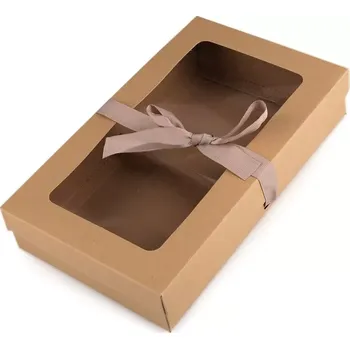 Dárková krabička Papírová krabice s průhledem a stuhou 15,5x25,5x5cm (Papírová krabice natural s průhledem a stuhou)
