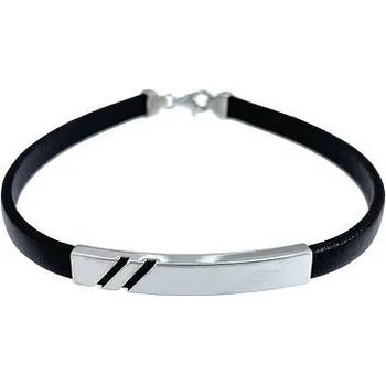 Náramek Kožený černý náramek se stříbrnou destičkou délka náramku 21cm