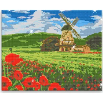 Diamantové malování Diamantové malování - Kouzelný mlýn v poli máků - 50x40 cm, bez dřevěného rámu - CZ výroba