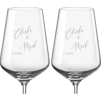 Sklenice Svatební skleničky na víno se jmény a datem svatby, 2 ks (Do poznámky v nákupním košíku napište jména novomanželů a datum svatby)
