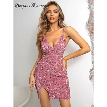 Dámské šaty Plesové mini šaty Sequins SQ577 Barva: Růžová, Velikost: S