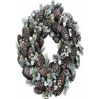 Vánoce Věnec PINE s lístkami, přírodní/stříbrná/bílá, 35x35x8cm, ks|Ego Dekor