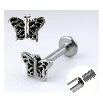 Piercing Ocelový piercing do brady - motýlek s křídly se zářezy