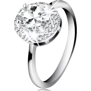 Prsten Rhodiovaný prsten ze stříbra 925, velký čirý zirkonový ovál, lístečky - Velikost: 58