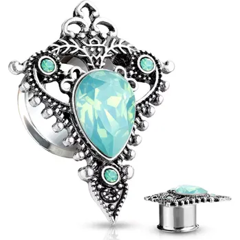 Piercing Ocelový 316L tunel do ucha, starožitný symbol Tribal - slza, syntetický opál - Tloušťka : 12 mm