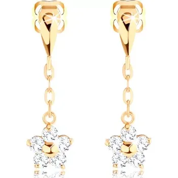 Náušnice Visací náušnice ve žlutém 14K zlatě - slzička, čirý květ na řetízku