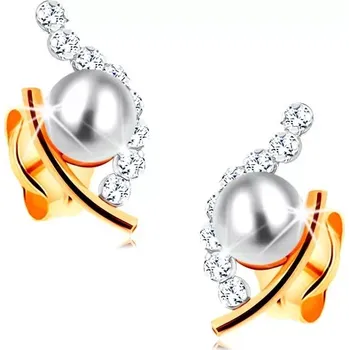 Náušnice Zlaté náušnice 585 - bílá kulatá perla v neúplném obrysu zrnka, čiré zirkony