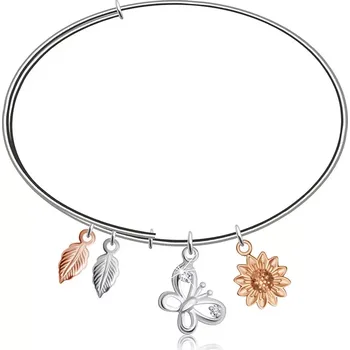 Náramek Kruhový stříbrný náramek 925 na ruku - kopretina, motýlek se zirkony a dva listy