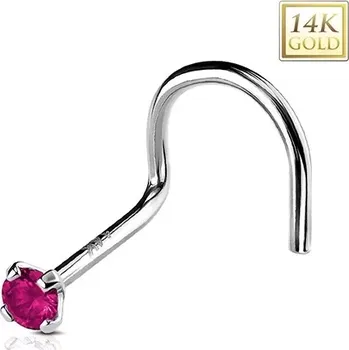 Piercing Zlatý 14K zahnutý piercing do nosu, kulatý tmavě růžový zirkon, 2 mm