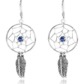 Náušnice Stříbrné náušnice 925, tmavě modrá kulička, kruhový lapač snů, 20 mm