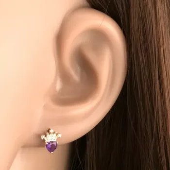 Náušnice Náušnice z 14K zlata korunka s ametystovým srdcem a zirkony