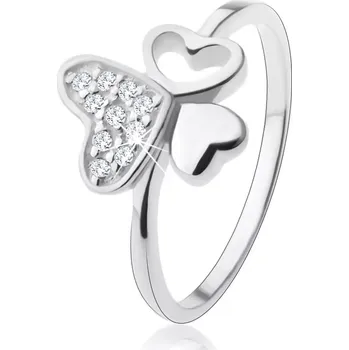 Prsten Stříbrný prsten 925, tři různá srdíčka, zirkony čiré barvy - Velikost: 58