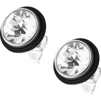 Náušnice Ocelové náušnice stříbrné barvy, kulatý čirý zirkon, černá gumička