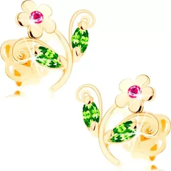 Náušnice Zlaté náušnice 585 - blýskavý barevný kvítek, růžové a zelené zirkony