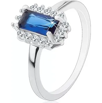 Prsten Rhodiovaný prsten, stříbro 925, obdélníkový modrý zirkon, čirý zirkonový lem - Velikost: 60