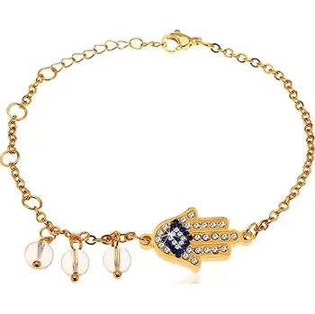 Náramek Náramek z chirurgické oceli, zlatý odstín, modro-čirá ruka Hamsa, čiré korálky