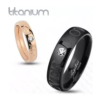 Prsten Černý prsten z titanu, blýskavý čirý zirkonek, nápis FOREVER LOVE, 6 mm - Velikost: 62