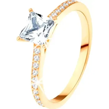 Prsten Prsten ze žlutého 14K zlata - čirý zirkonový čtverec, třpytivé linie po stranách - Velikost: 65