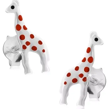 Náušnice Stříbrné náušnice 925, lesklá bílá žirafa s červenými tečkami, puzetky