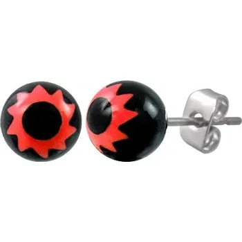 Náušnice Černé ocelové kuličky - znak červený kvítek