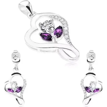 Souprava šperků Sada ze stříbra 925, náušnice a přívěsek, kontura srdce, zirkonový květ