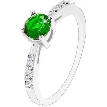 Prsten Stříbrný 925 prsten, lesklá ramena vykládaná čirými zirkonky, zelený zirkon - Velikost: 48