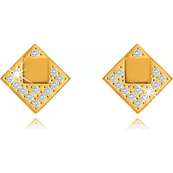 Náušnice Puzetové náušnice ze 14K žlutého zlata, čtverečky, čiré kulaté zirkony