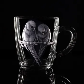 Hrníček na čaj 300ml s rytinou ptáčků - ručně ryté (broušené) dárek z lásky, dárková krabička