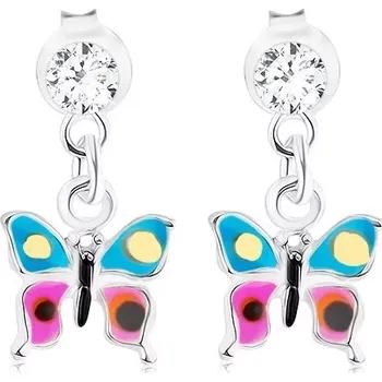 Náušnice Náušnice ze stříbra 925, visící motýlek s modro-fialovými křídly, krystal