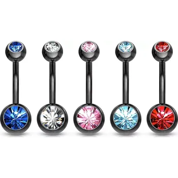 Piercing Piercing do bříška z oceli 316L - banánek černé barvy, barevné zirkony, délka 10 mm - Barva zirkonu: Červená - R
