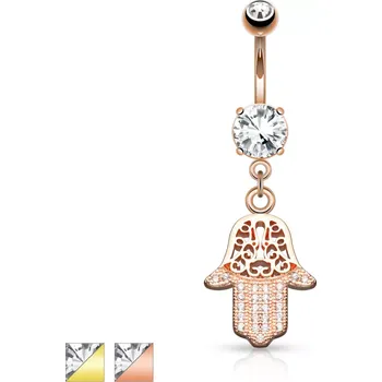 Piercing Ocelový piercing do pupíku - symbol Hamsa, čiré zirkony, ozdobné výřezy, různé barvy - Barva: Zlatá