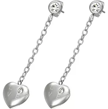 Náušnice Visací ocelové náušnice - srdce se zirkonem, nápis LOVE