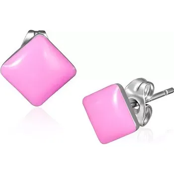 Náušnice Puzetové náušnice z oceli - lesklé čtverce růžové barvy