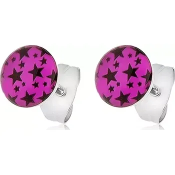 Náušnice Ocelové náušnice, růžová kolečka s potiskem černých hvězdiček