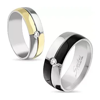 Prsten Lesklý prsten z oceli stříbrné a zlaté barvy, ozdobné zářezy, čirý zirkon, 6 mm - Velikost: 49