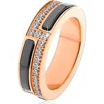 Prsten z chirurigické oceli měděné barvy, pásy z černé keramiky a zirkonů - Velikost: 54
