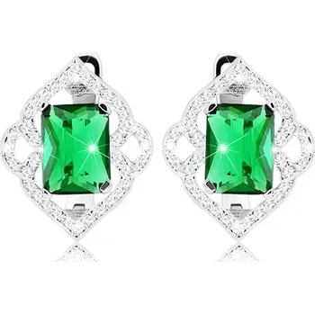 Souprava šperků Set ze stříbra 925, náušnice a přívěsek, zelený zirkonový obdélník, čiré obrysy