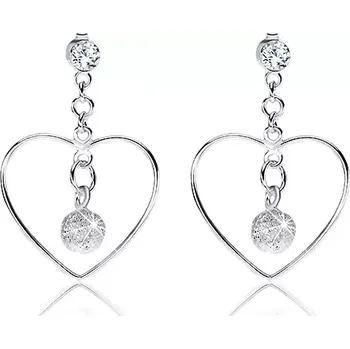 Náušnice Stříbrné náušnice 925, obrys srdce, čirý krystalek Swarovski, blýskavá kulička