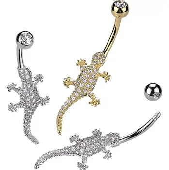 Piercing Ocelový piercing do pupíku - lezoucí ještěrka s čirým zirkonem - Barva: Stříbrná