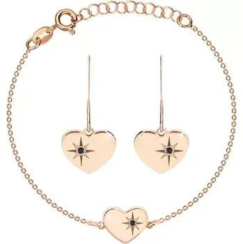 Náušnice Stříbrný set 925, růžovozlatý odstín - náramek a náušnice, srdce s Polárkou a diamant