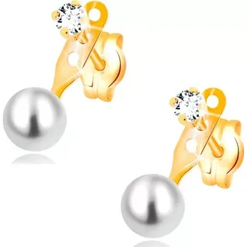 Náušnice Náušnice ve žlutém 14K zlatě, čirý zirkon a kulatá bílá perla, puzetky