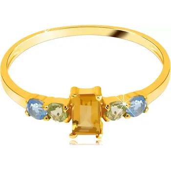 Prsten Prsten ze žlutého 14K zlata - hranatý citrín, okrouhlý olivín a švýcarský topas - Velikost: 49