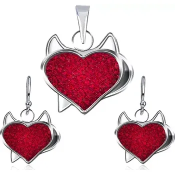 Souprava šperků Stříbrný set 925 přívěsku a náušnic - červené zirkonové srdce, čertík
