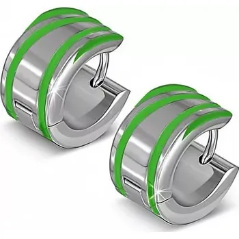 Náušnice Ocelové náušnice stříbrné barvy, světle zelené proužky, vysoký lesk